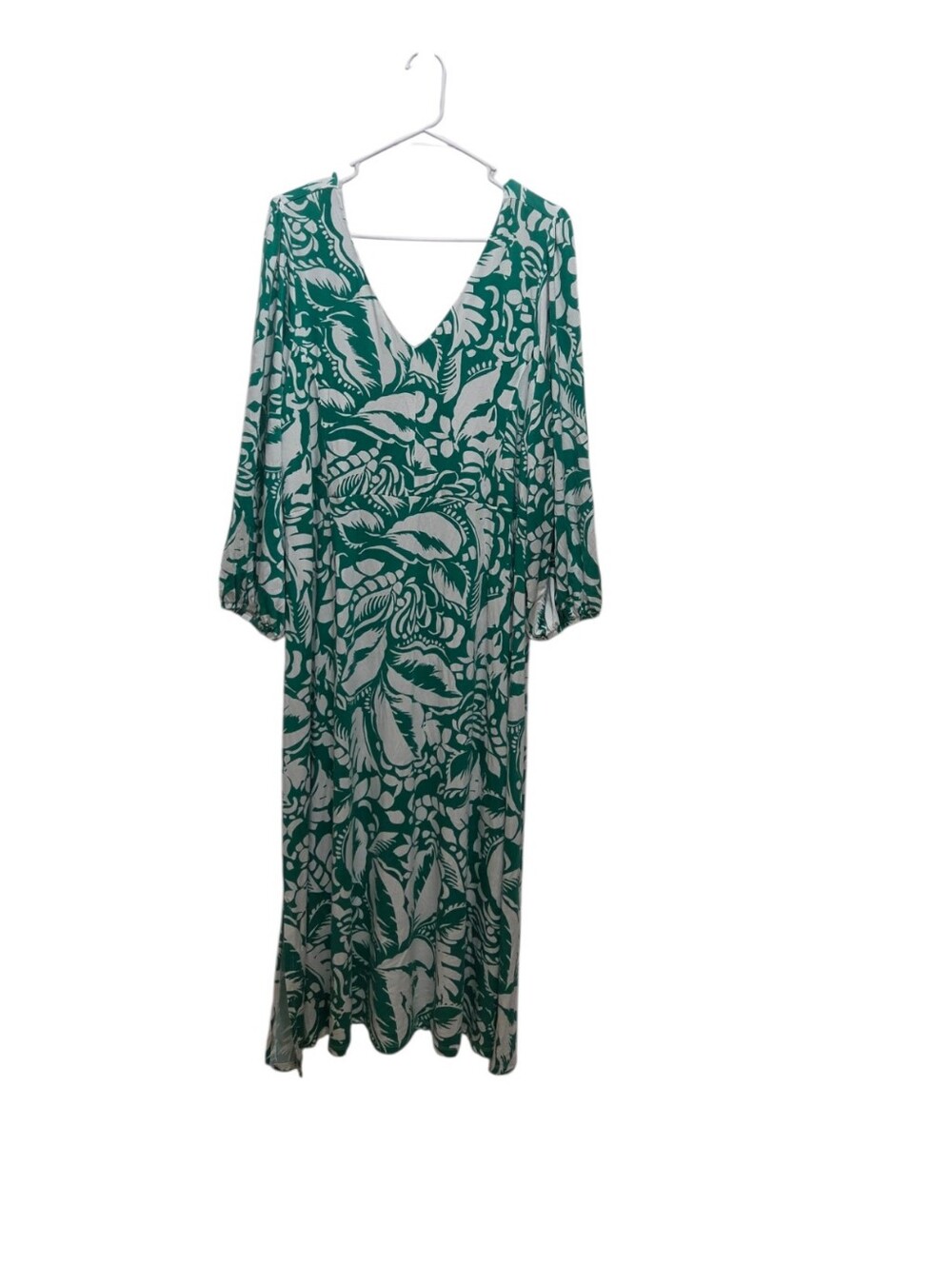 Soft Surroundings Dress XL Green White Botanical Print Maxi V Neck Resort Boho